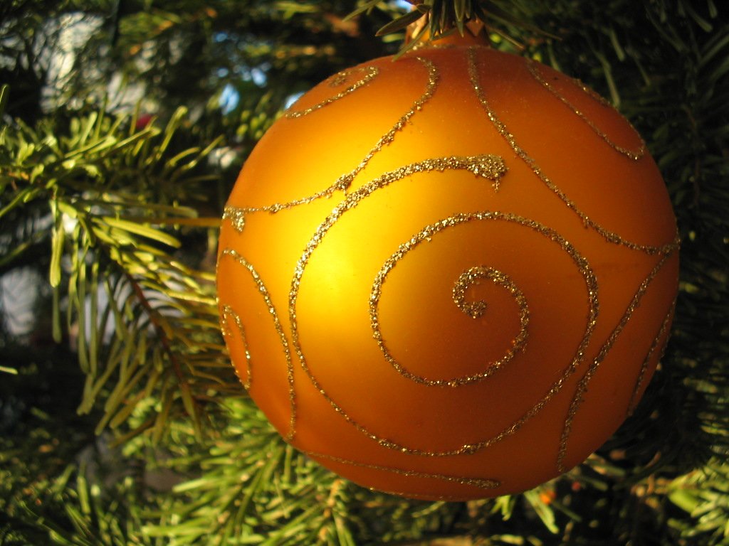 an orange ball ornament hanging on a tree