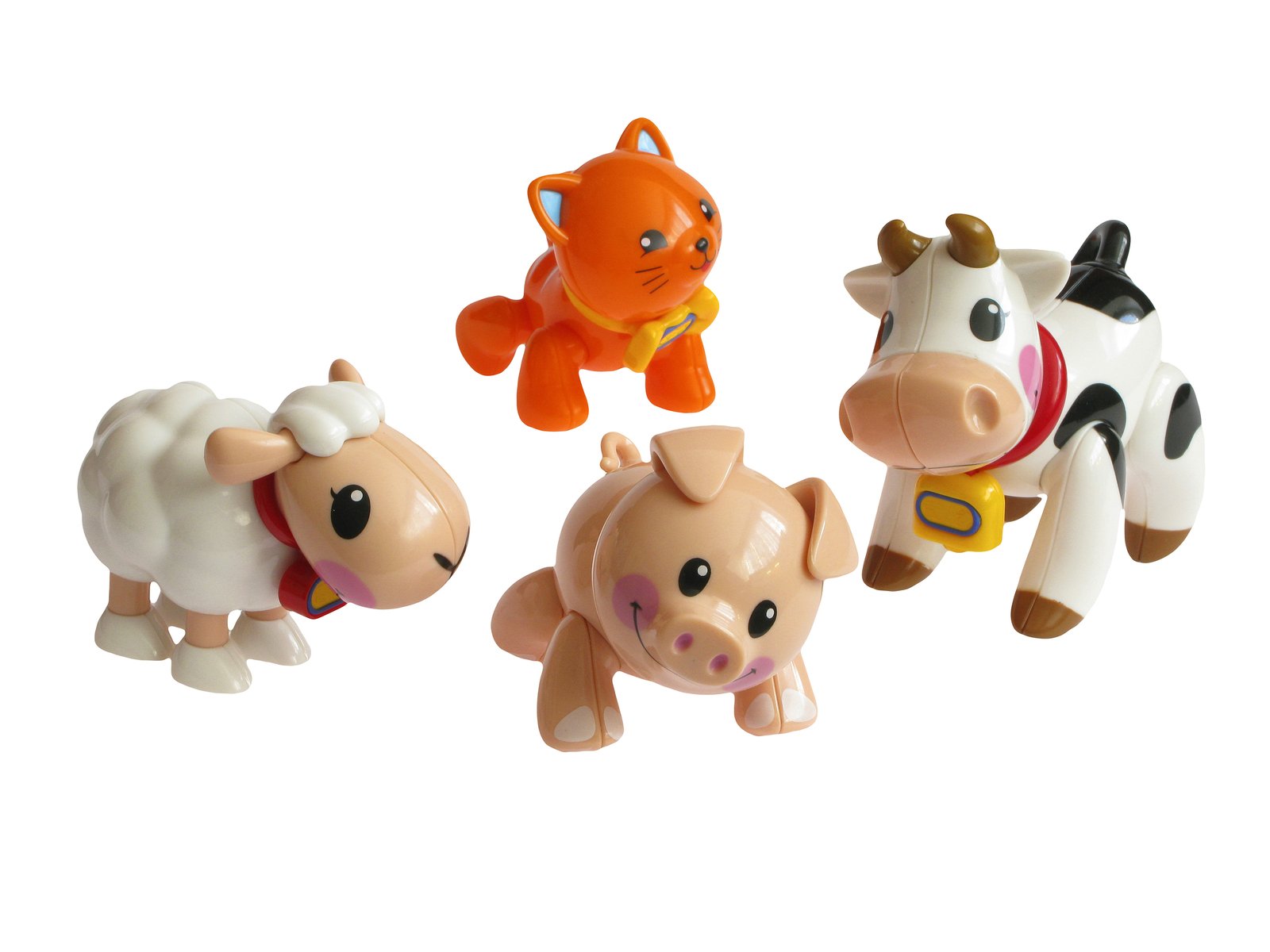 four plastic farm animals lined up on top of each other