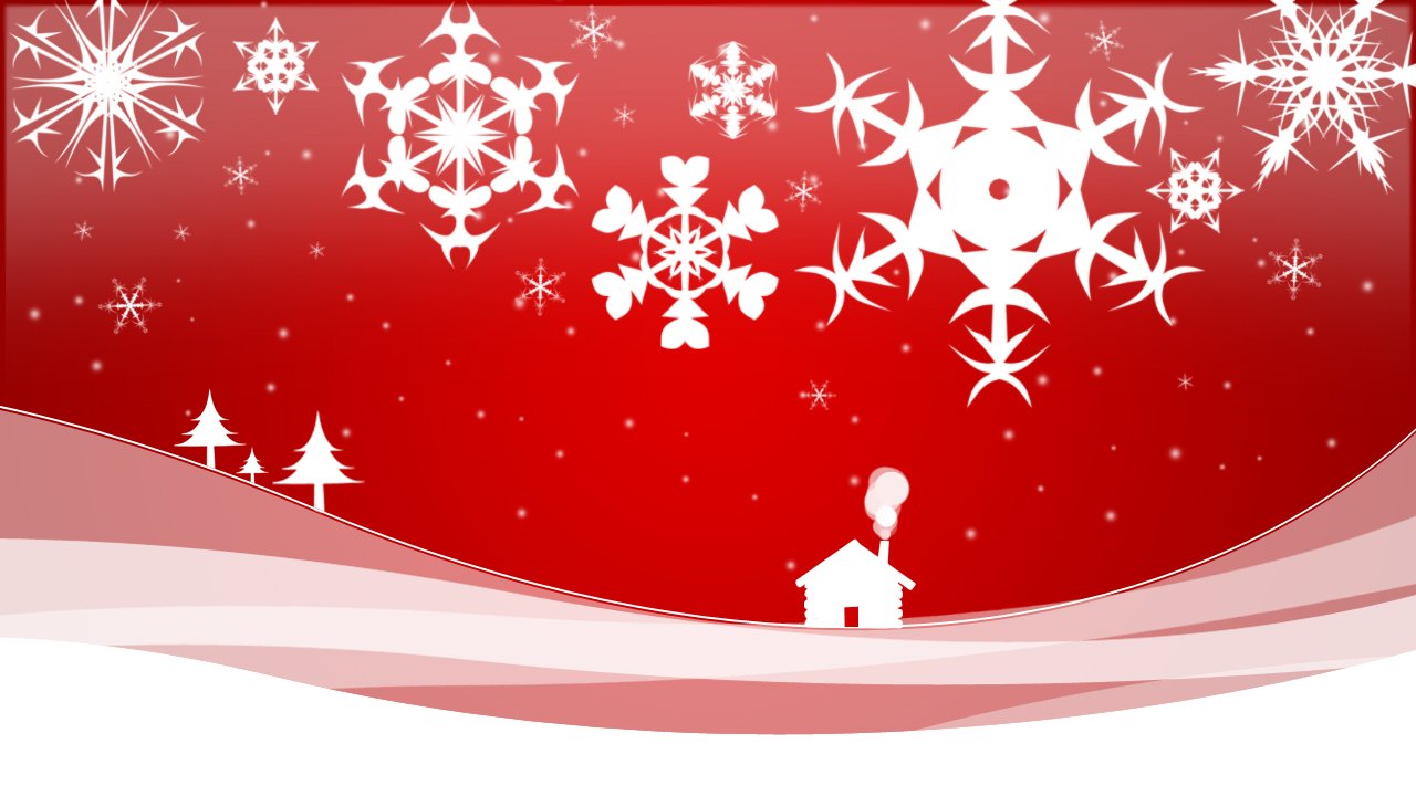 a merry christmas card with snowflakes and small house on the red background