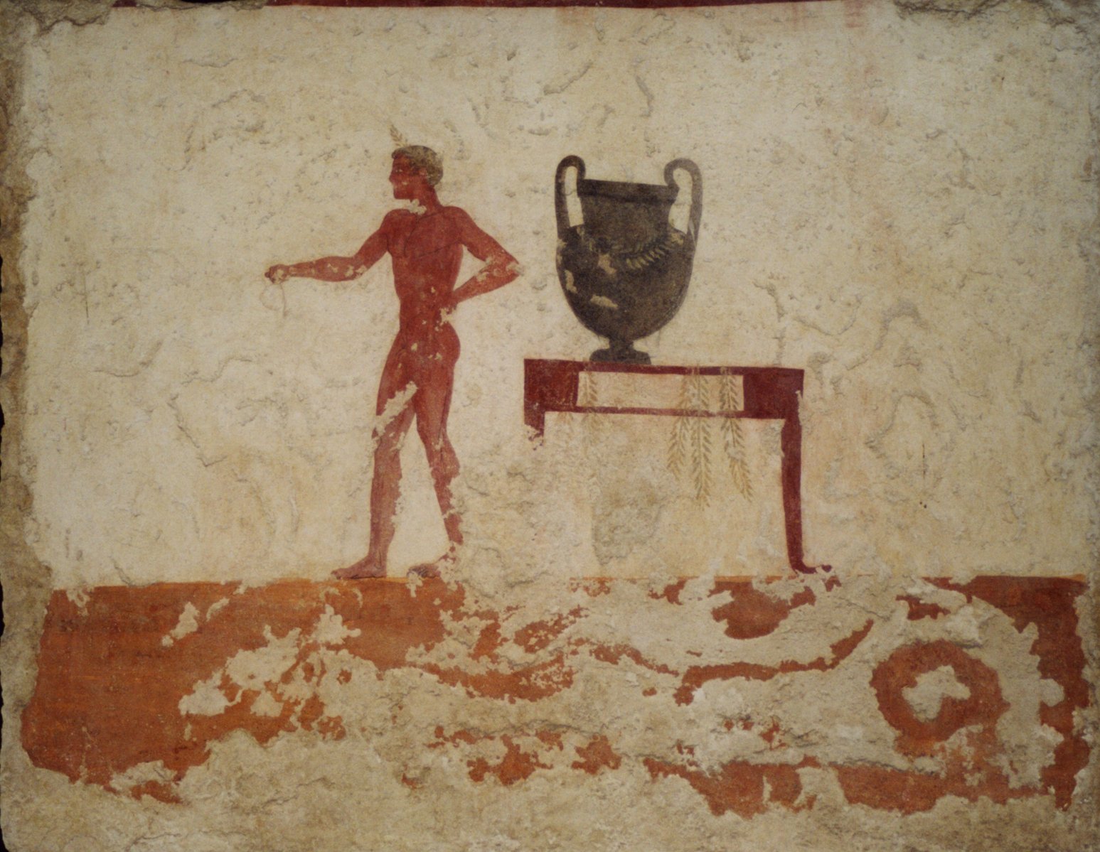 the ancient painting of a man stands at a table with an urn on it