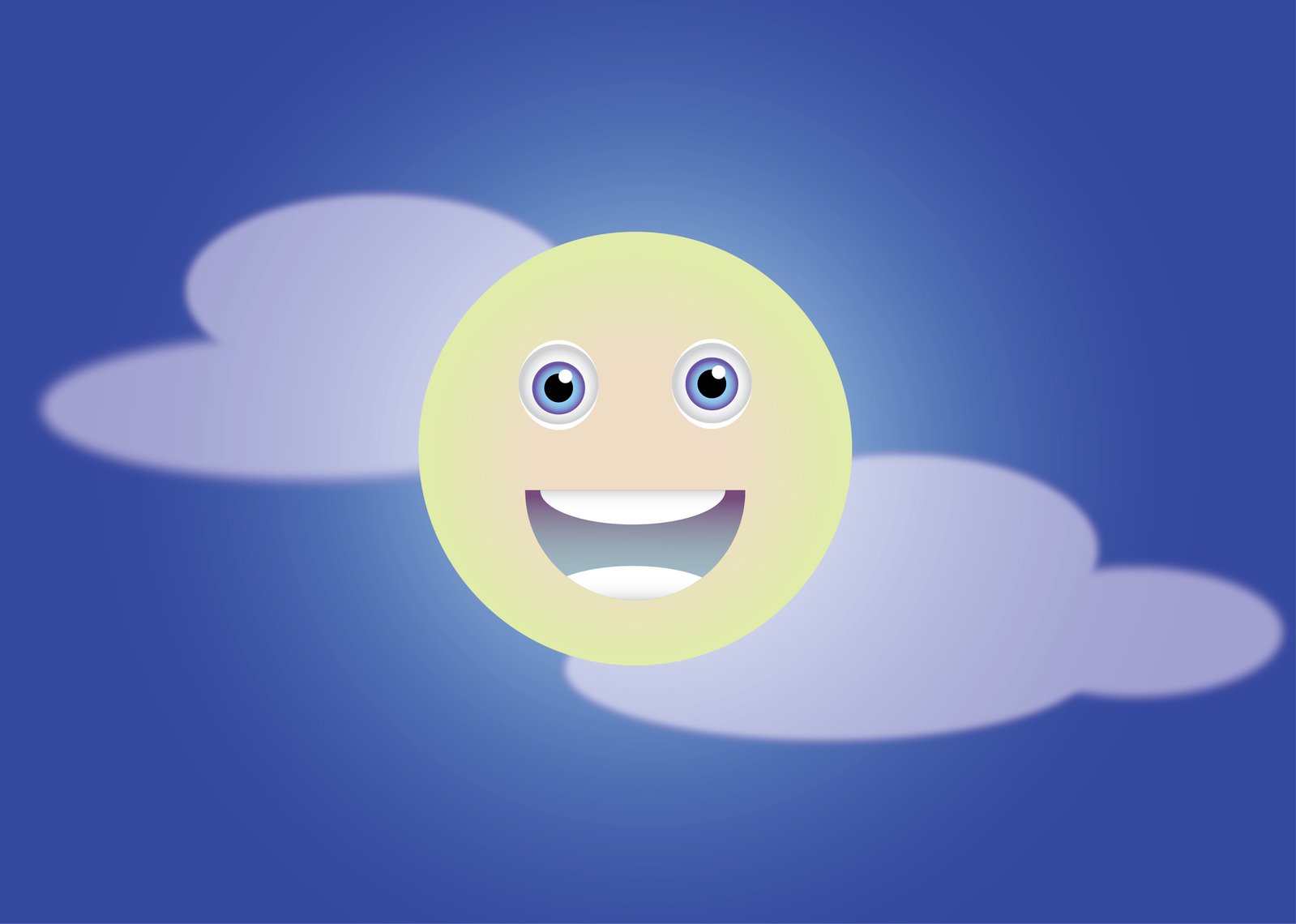 cartoon character smiling in front of cloudy sky