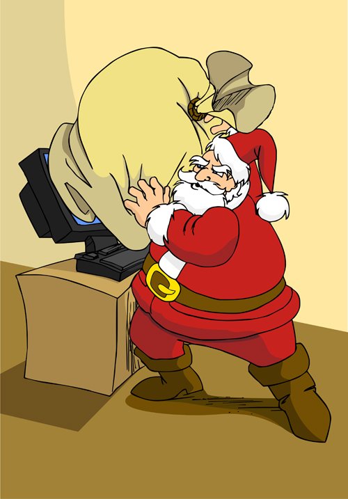 the santa claus is leaning over and pointing to the television