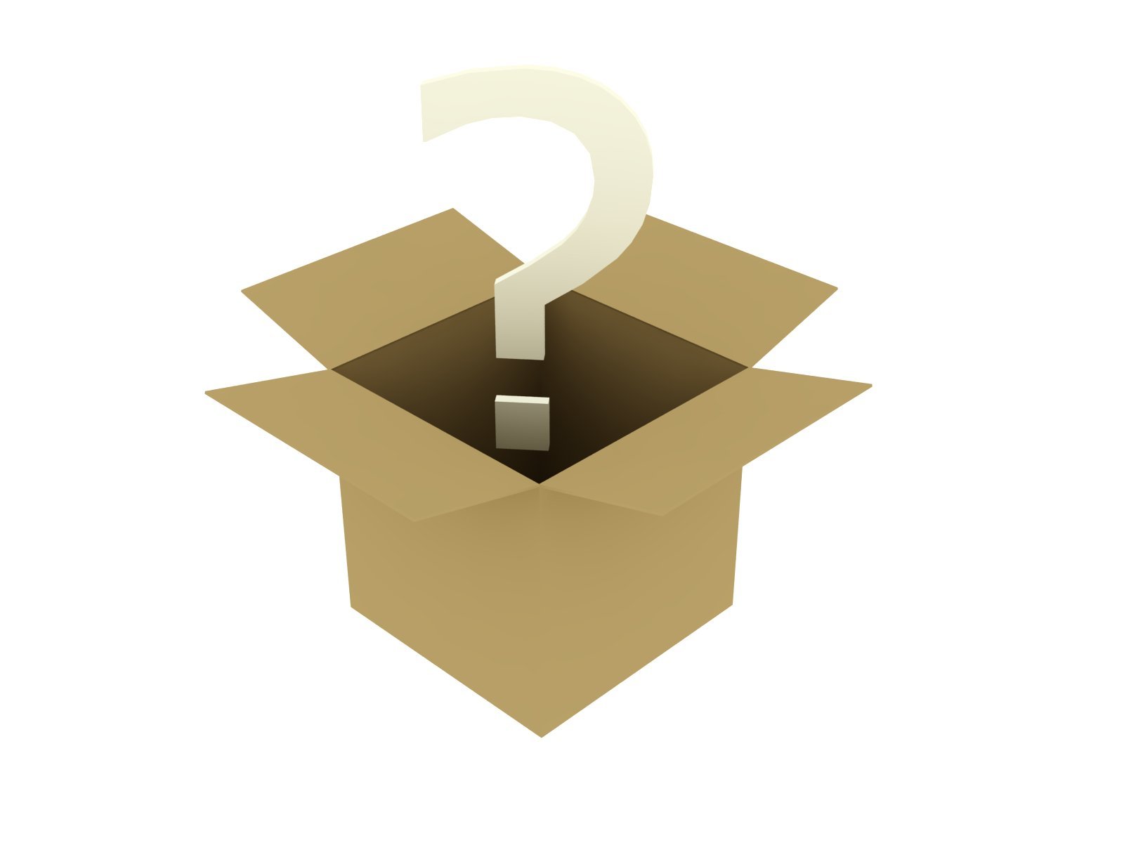 an open cardboard box with a question mark coming out