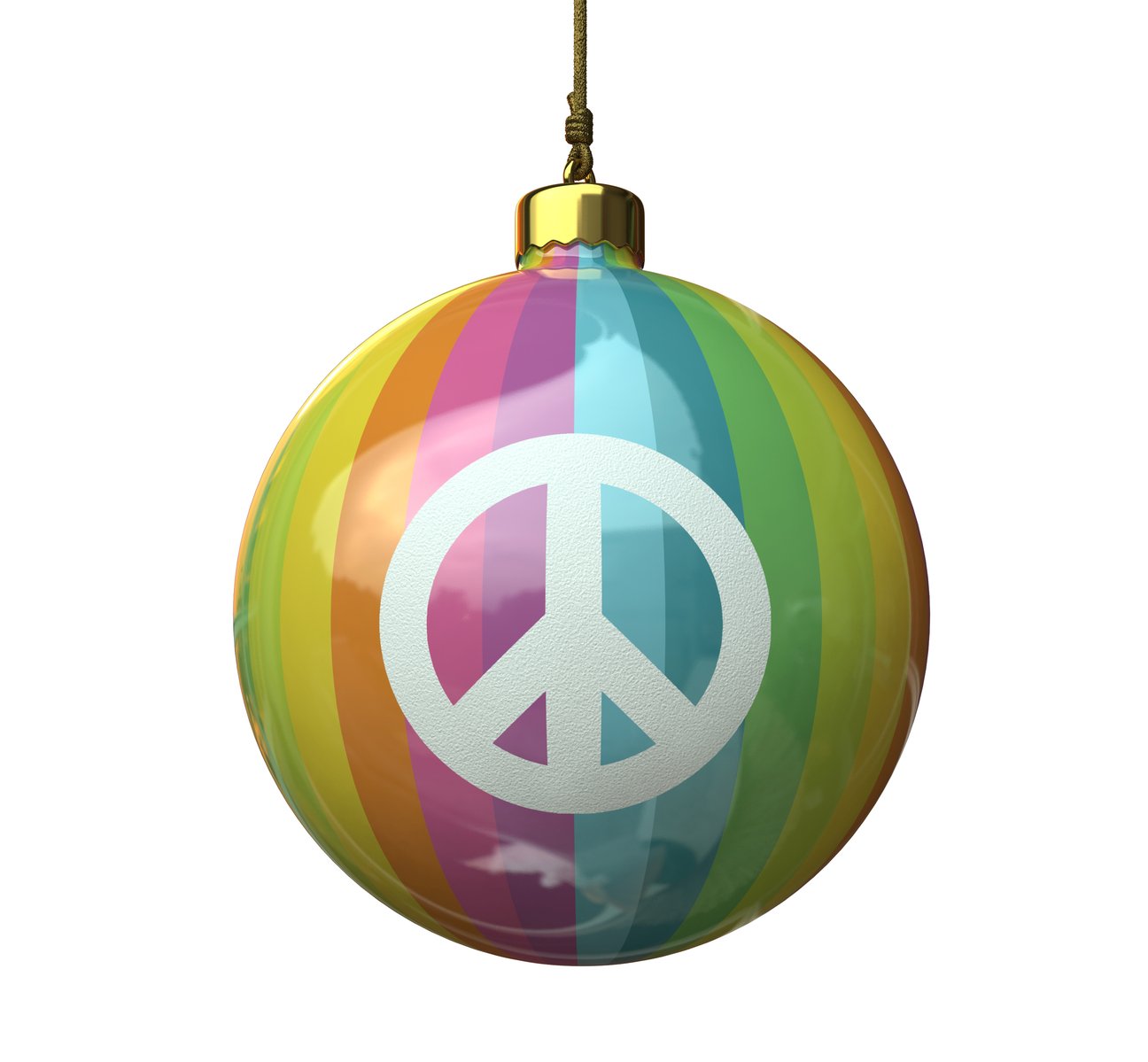 a rainbow peace ball ornament on a white background