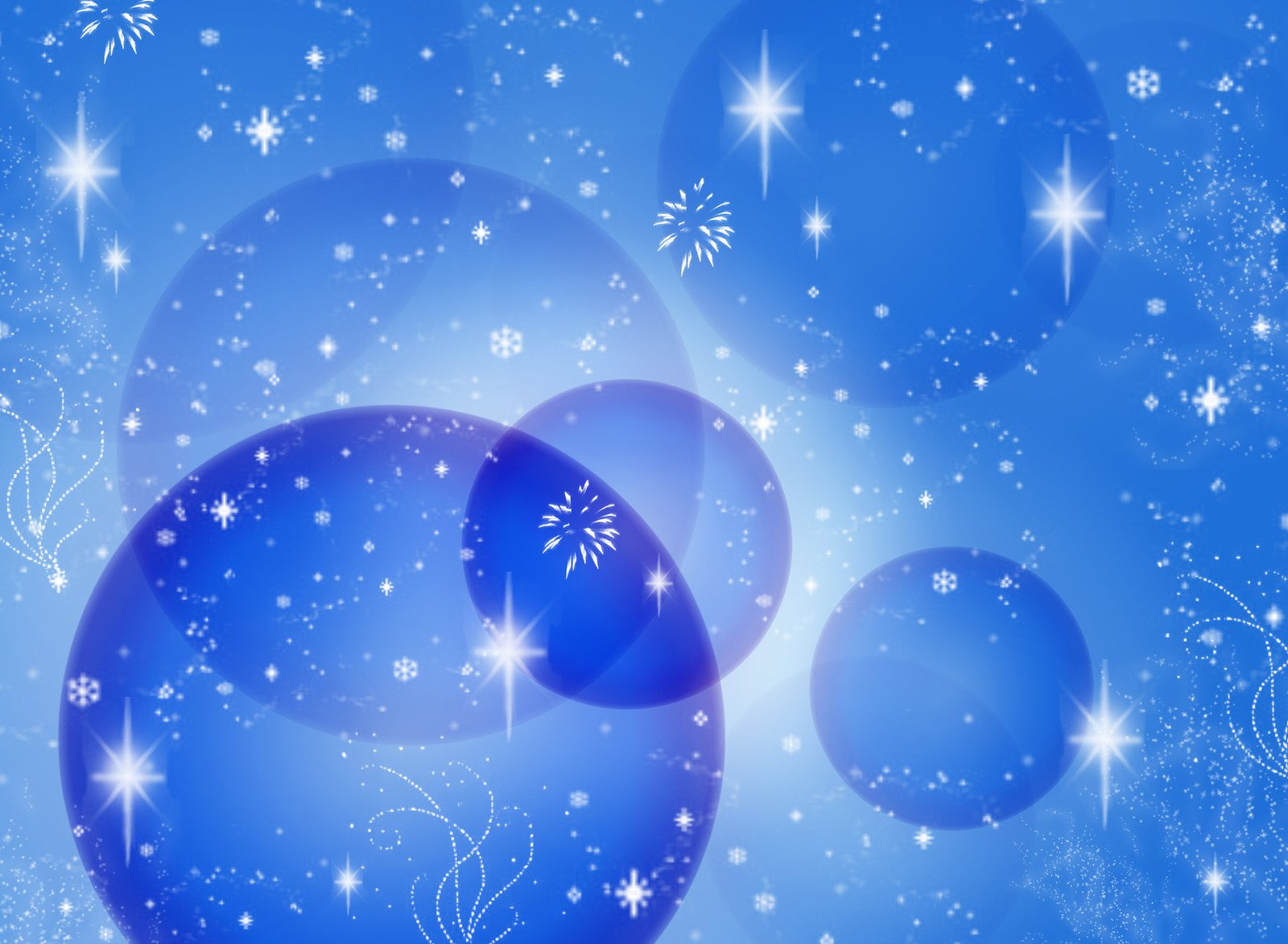 a blue background with snow flakes and balls