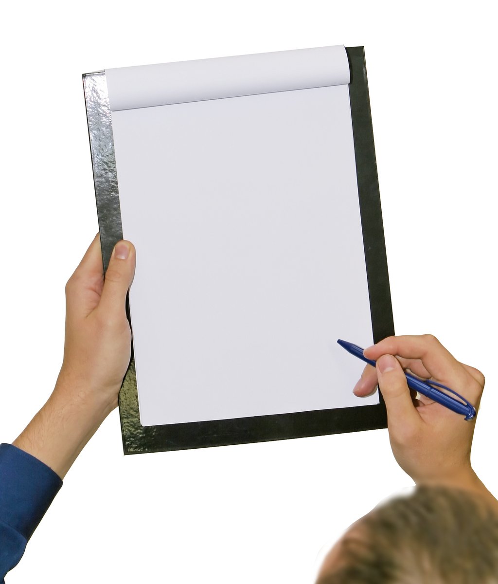 a person holding a clip board with a marker