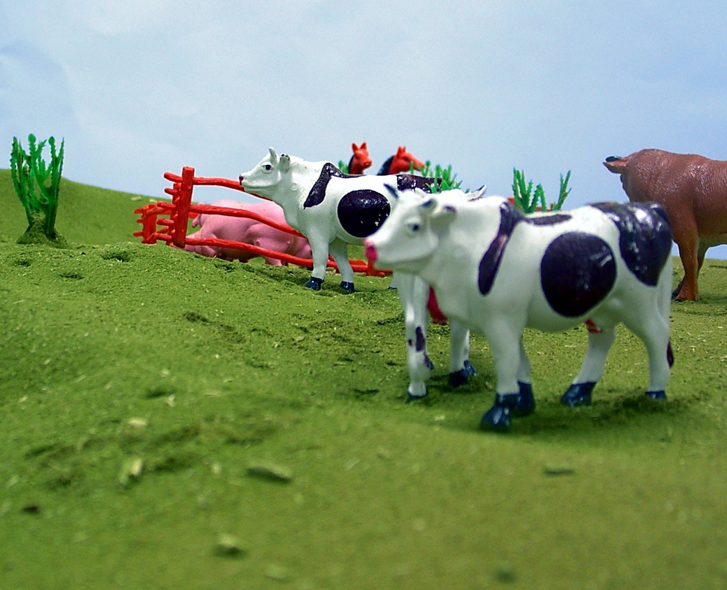 two plastic cows, one black and white, standing in a field