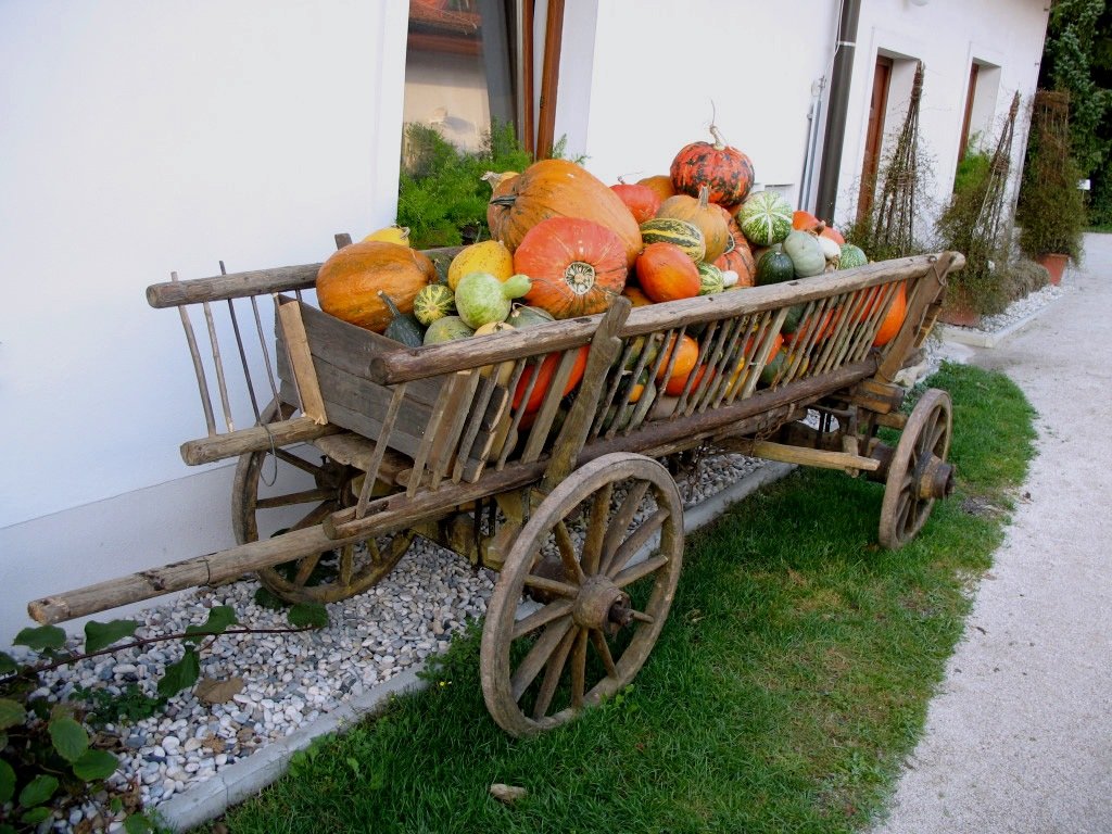 a wagon full of squash and gourds outside of a house