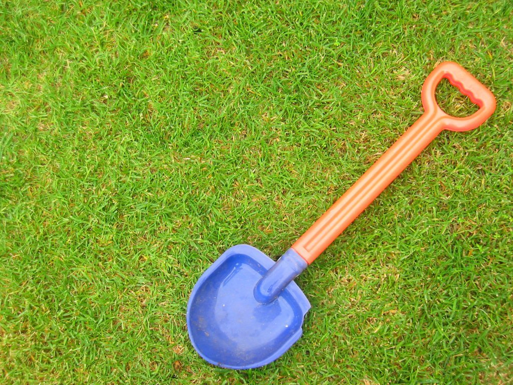 a blue shovel laying on top of a lush green field