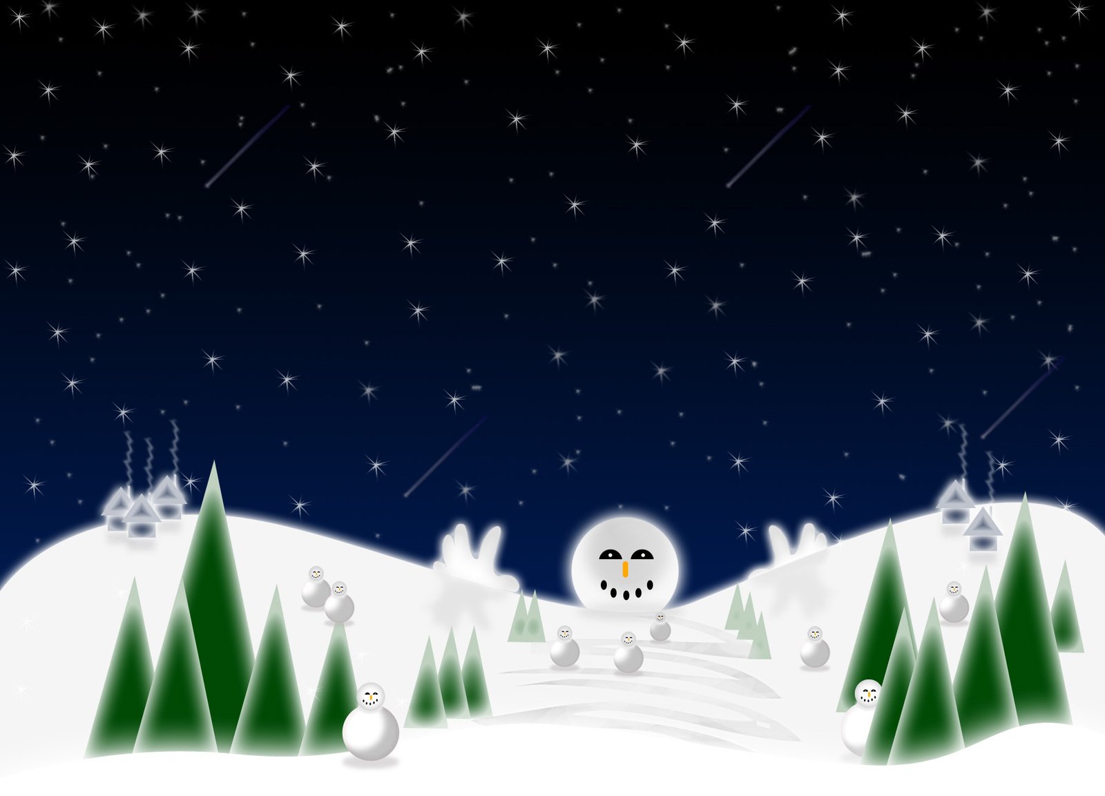 snowman with night sky, snow, trees and snow