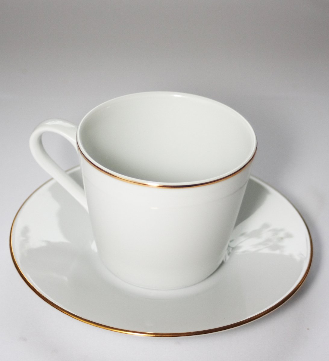 a porcelain cup and saucer set with gold rim