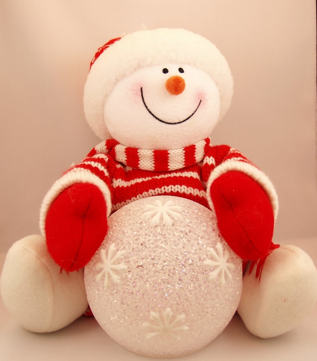 a white snowman sitting with his  open