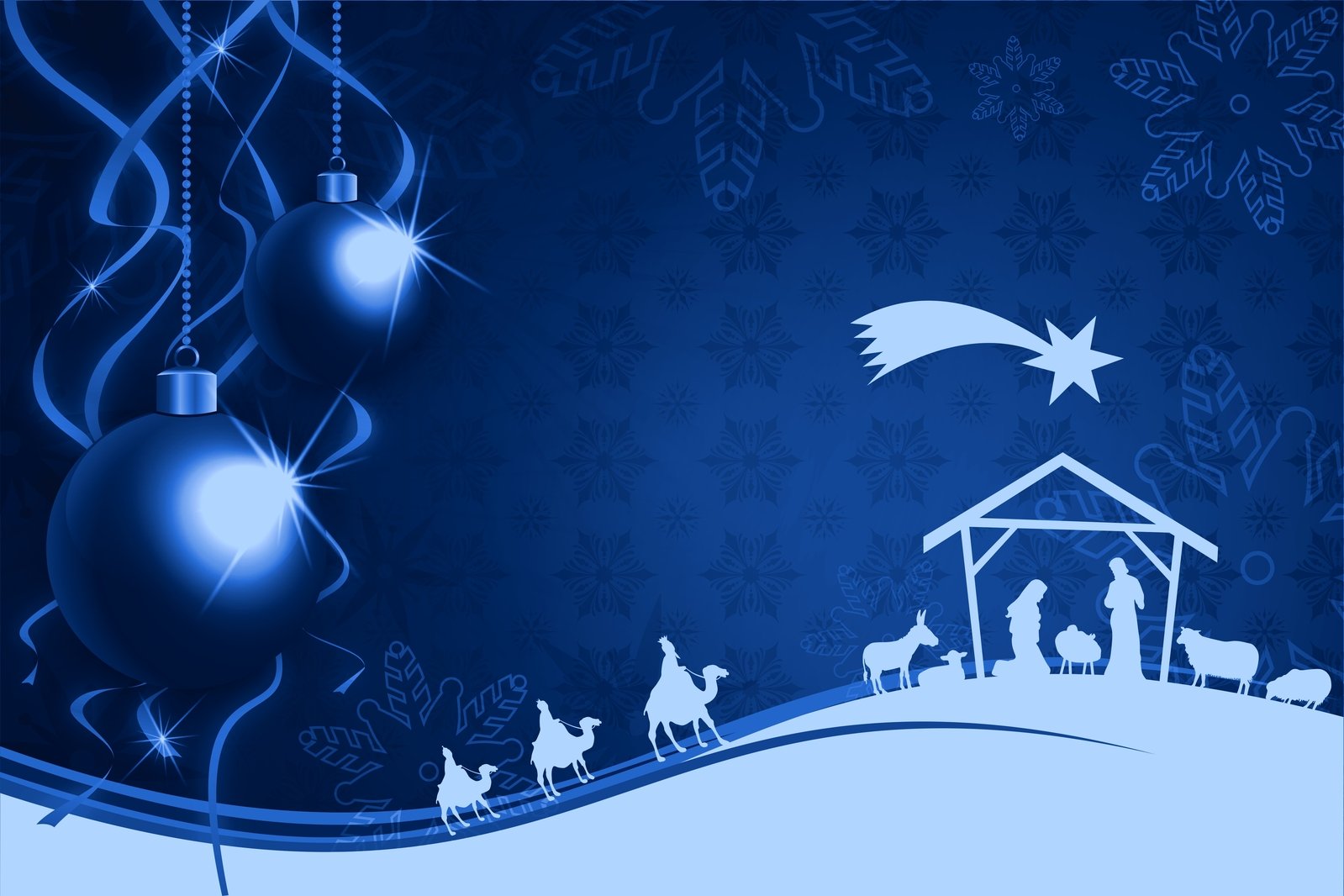 a blue wallpaper with christmas decorations and a baby jesus