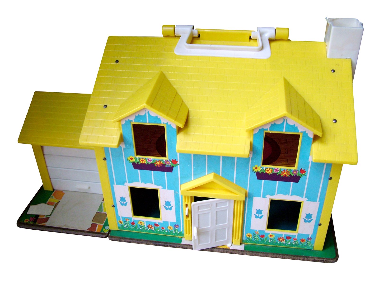 a child's toy toy play house, with doors open and windows on the top of it