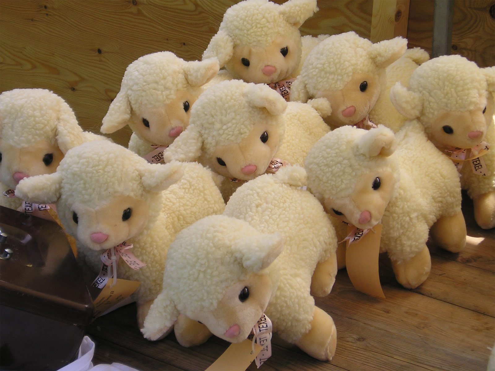 a bunch of stuffed animals sitting together in front of some wood