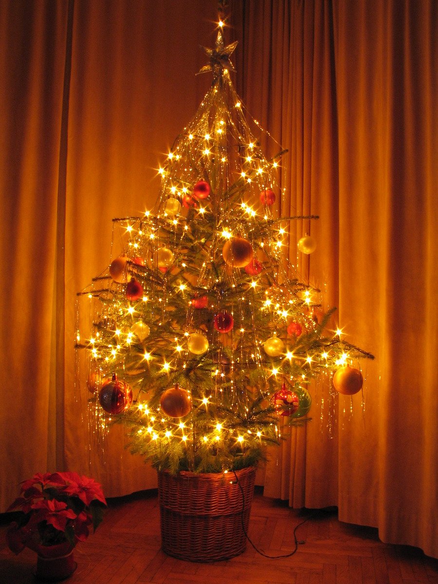 a lighted christmas tree is in a basket