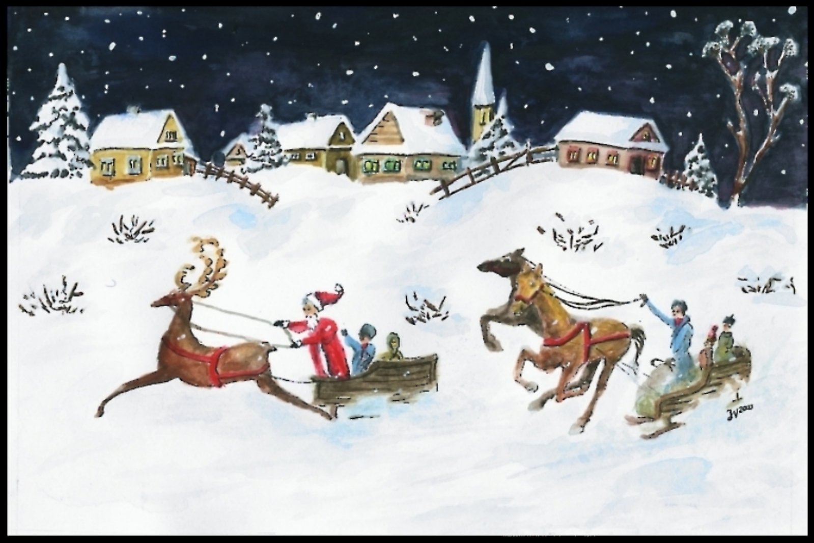 the horse pulling sleigh has a man in it