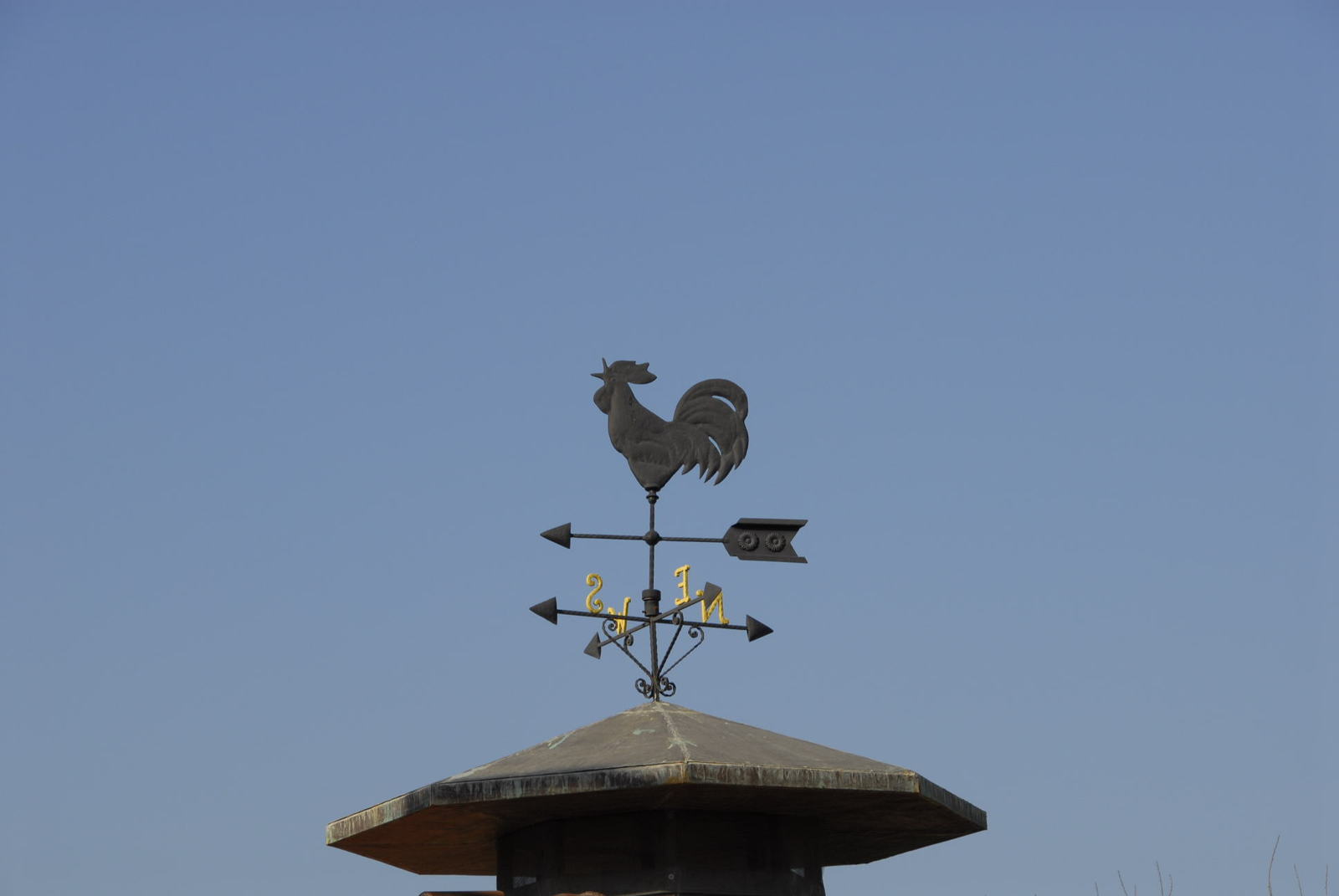 the weather vane with rooster and weather vane is perched on top of a house
