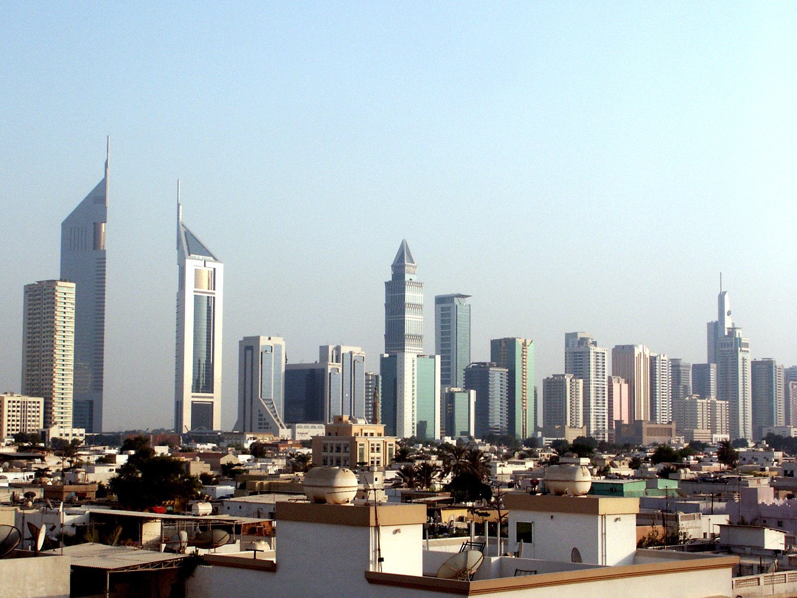 skyline of buildings in business district with tall tower blocks
