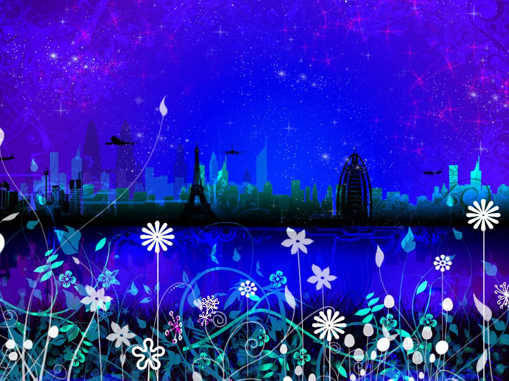 a purple and blue background with flowers and city skyline