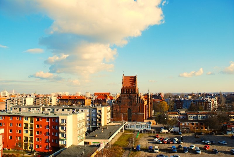 a view of an urban area with a blue sky