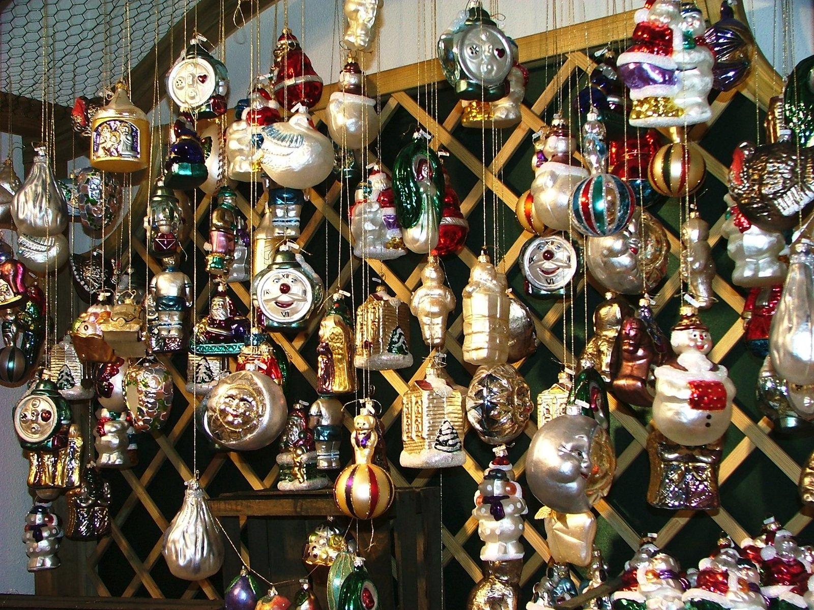 the display is decorated with a large assortment of ornaments