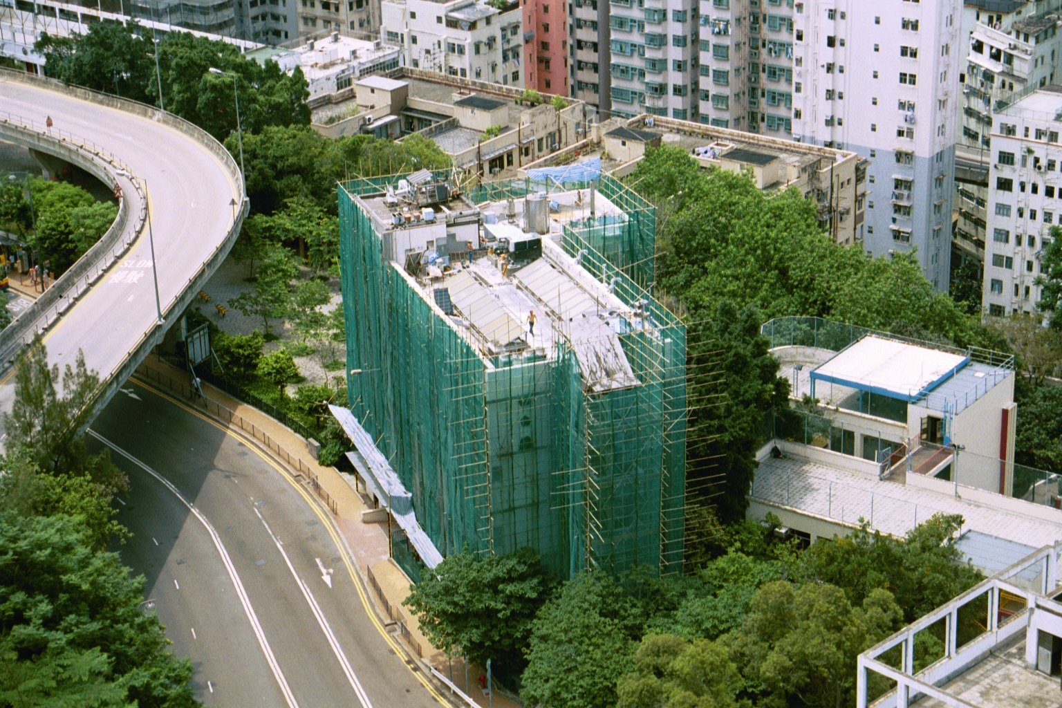a construction site at the center of an aerial view