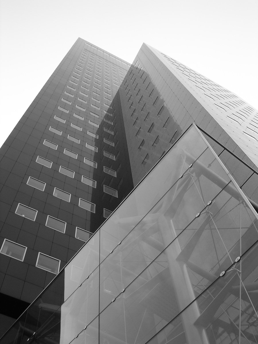 a black and white po of an office building