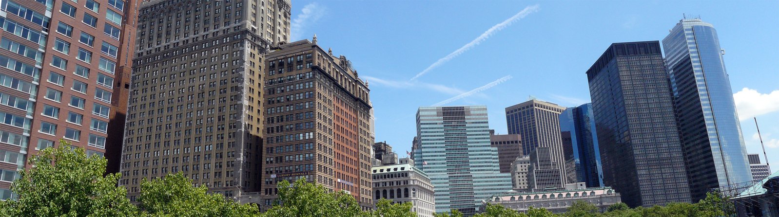 the skyscrs have many windows and lots of trees