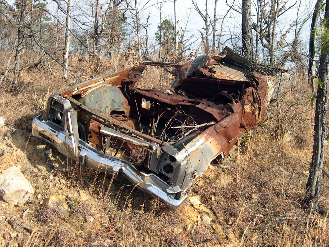 a rusty old car laying on the side of a forest