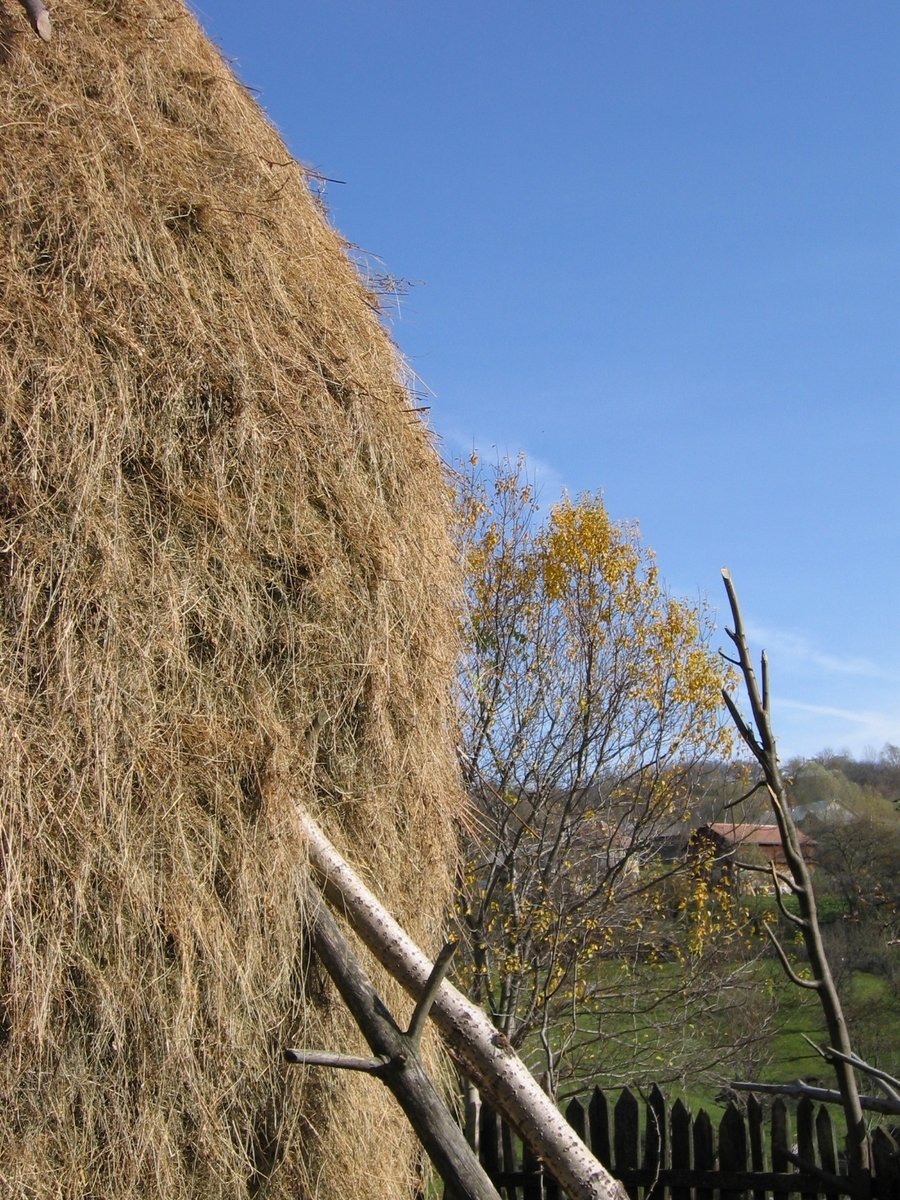 a pile of hay sitting next to a fence