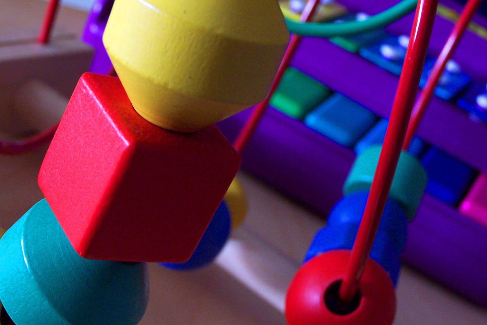 colorful toys are on display on a table