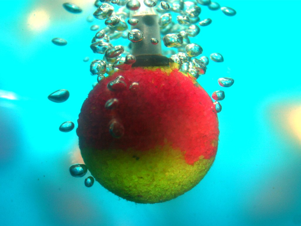 an apple covered in bubbles floating on top of water