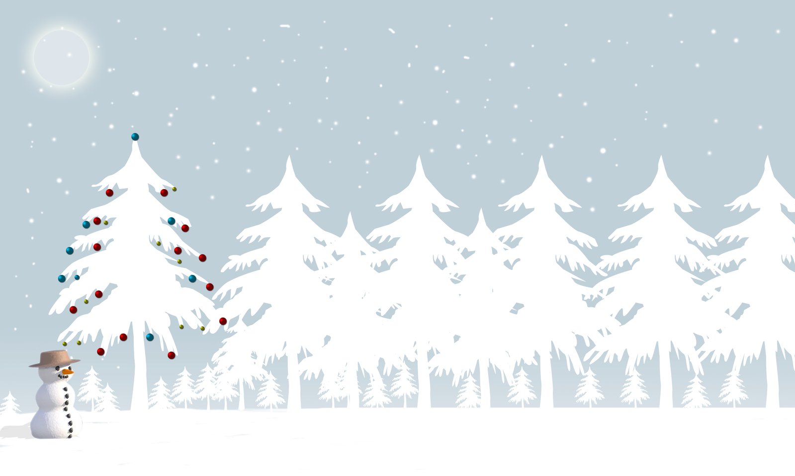 a white tree with christmas decorations on it standing in a snow covered forest