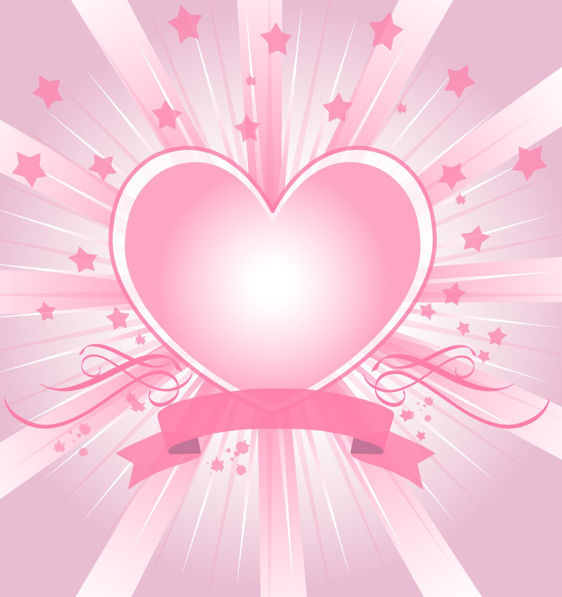 a pink heart with ribbon and stars on it