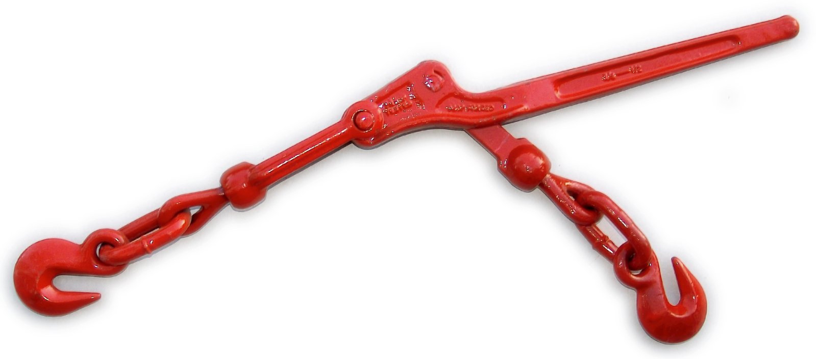 the red metal handle of a large hook and pliers