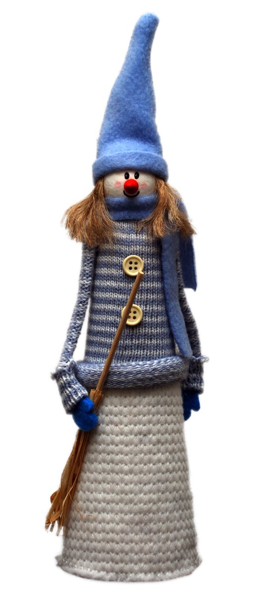 a crocheted blue doll dressed up as a man