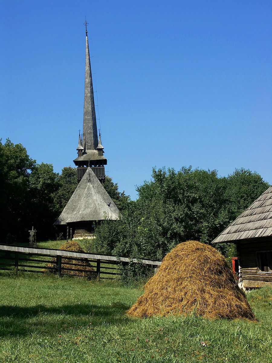 the grass has fallen and a tower stands in the background