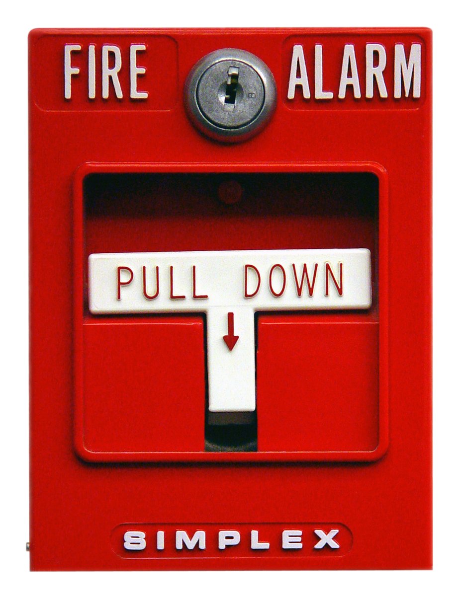 a fire alarm box with an arrow on it