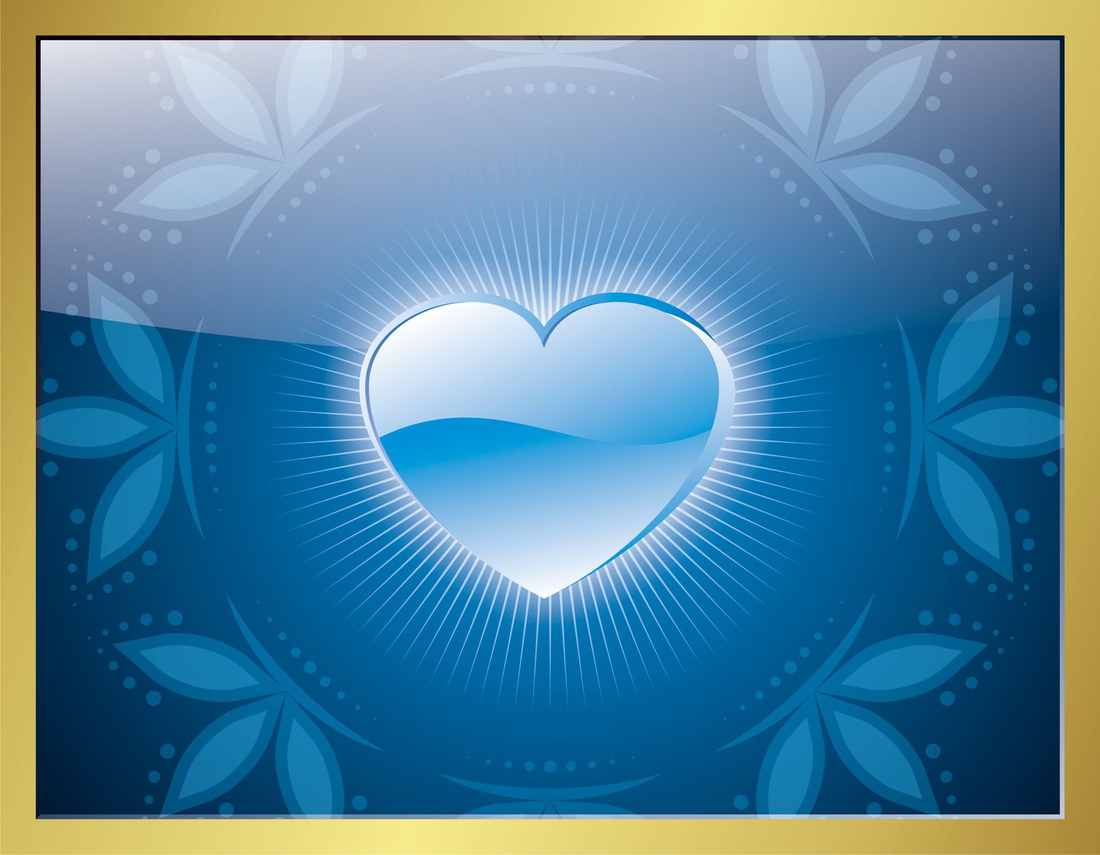 a blue heart with gold border in front of leaves
