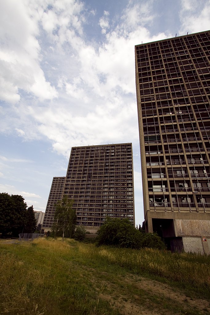 this is two tall buildings sitting in the grass