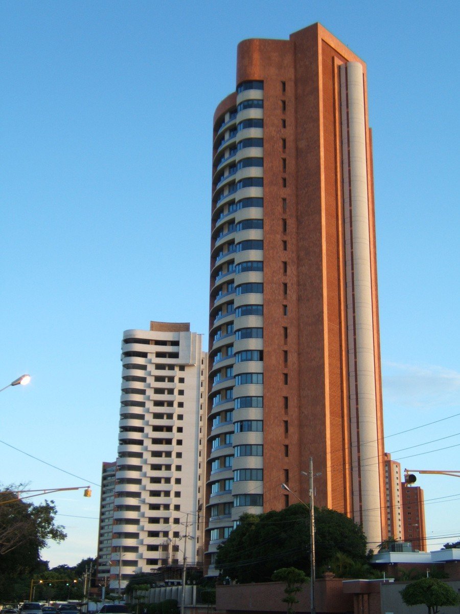 the tall red brick building is in the city