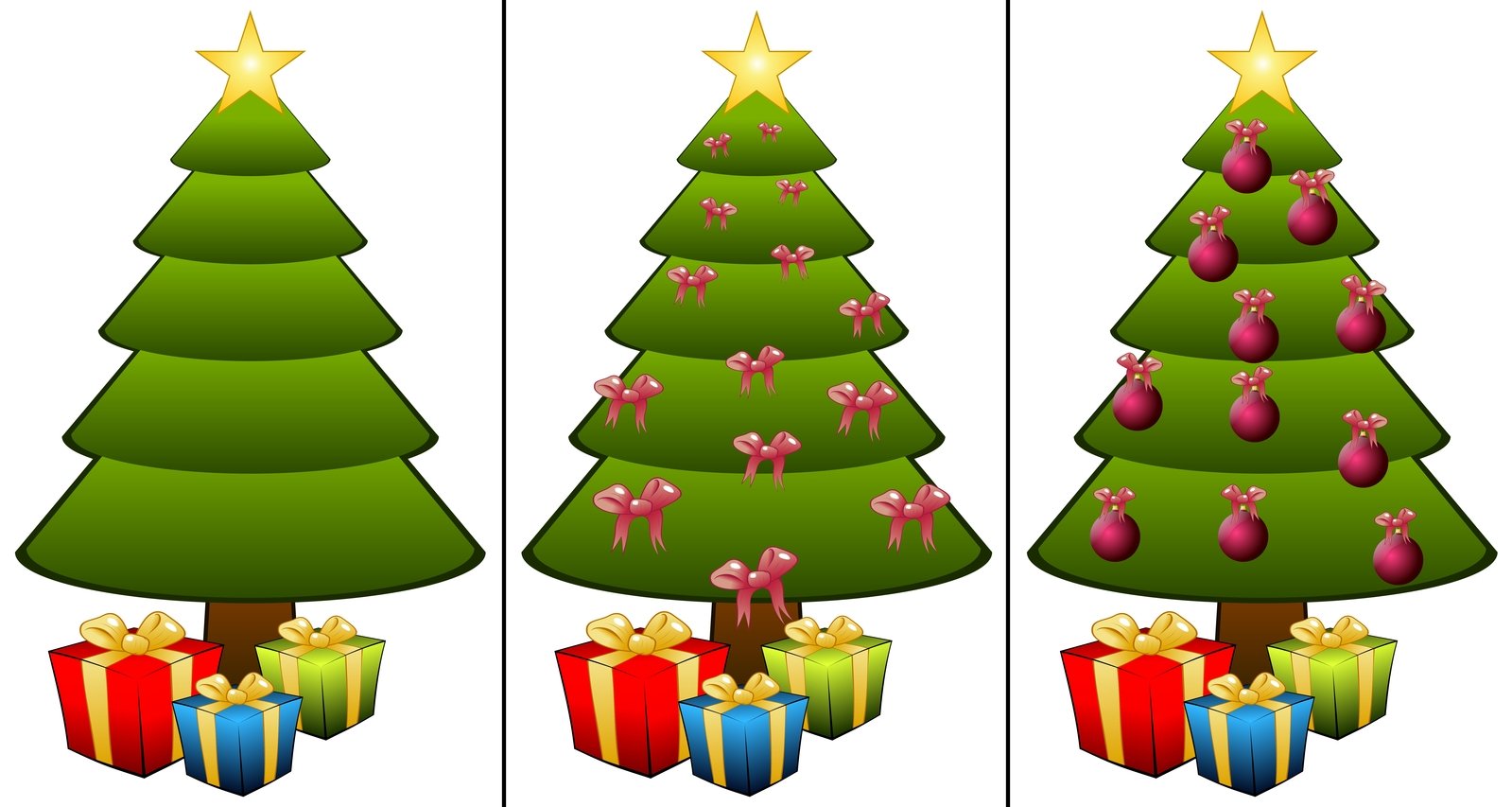 three images of christmas trees with presents under them