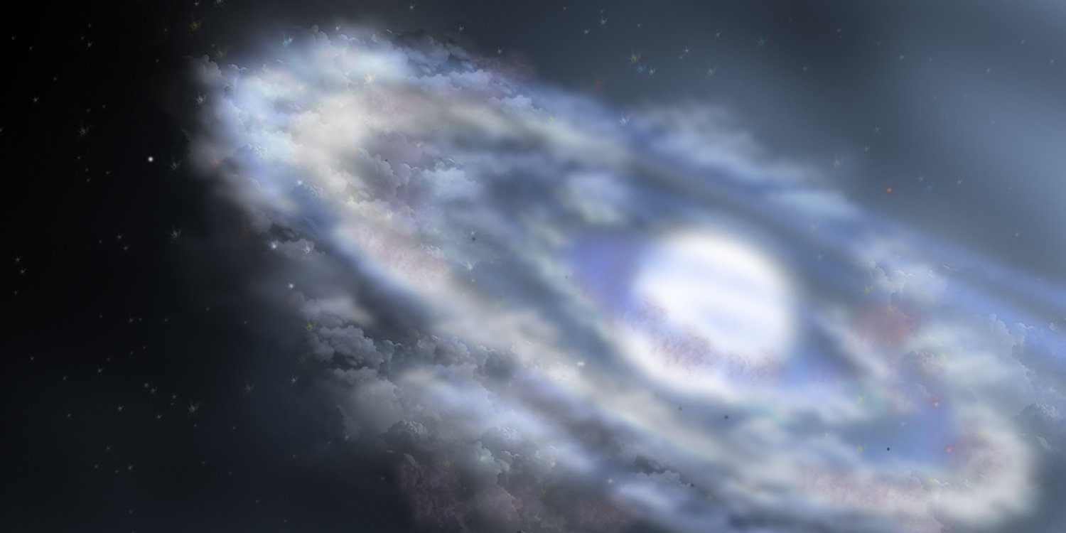 a very bright white cloud moving by a spiral