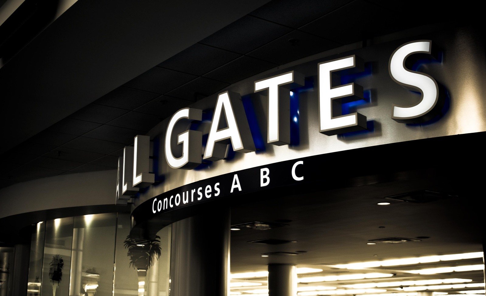 the entrance to gates business and abc at night