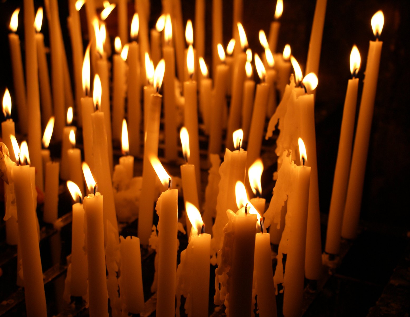 many small lit candles sitting in a church