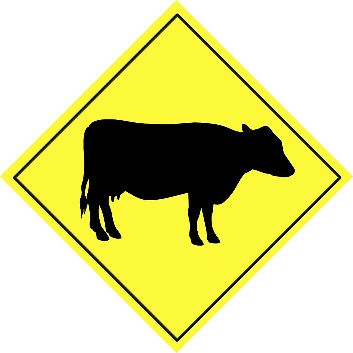 a black and yellow sign that shows a cow