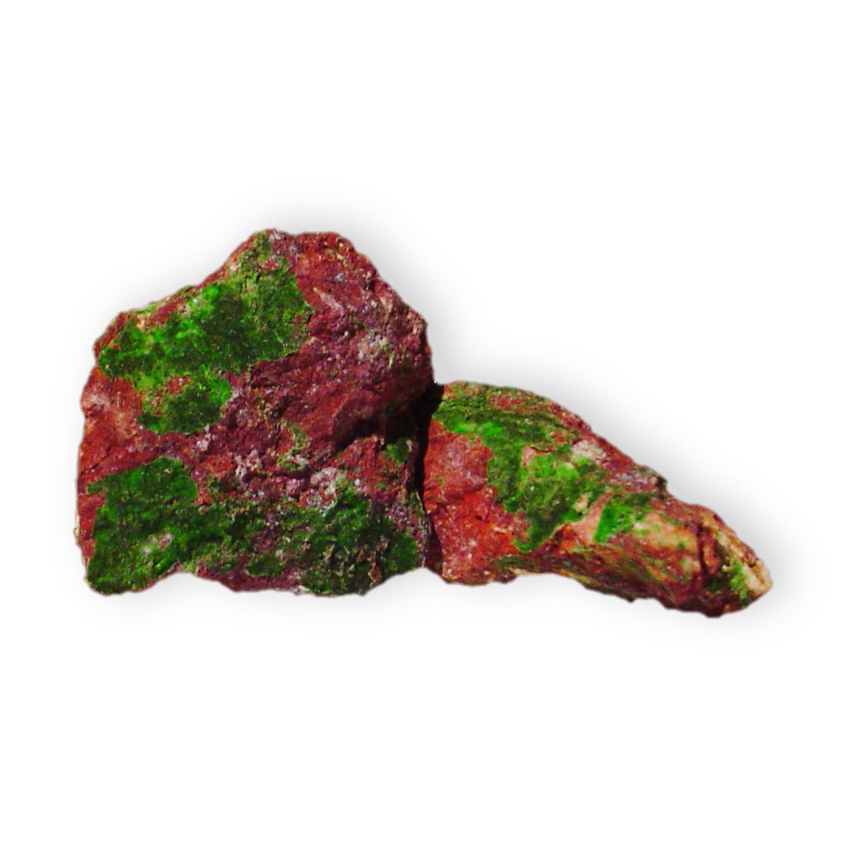 two green and red rocks are next to each other