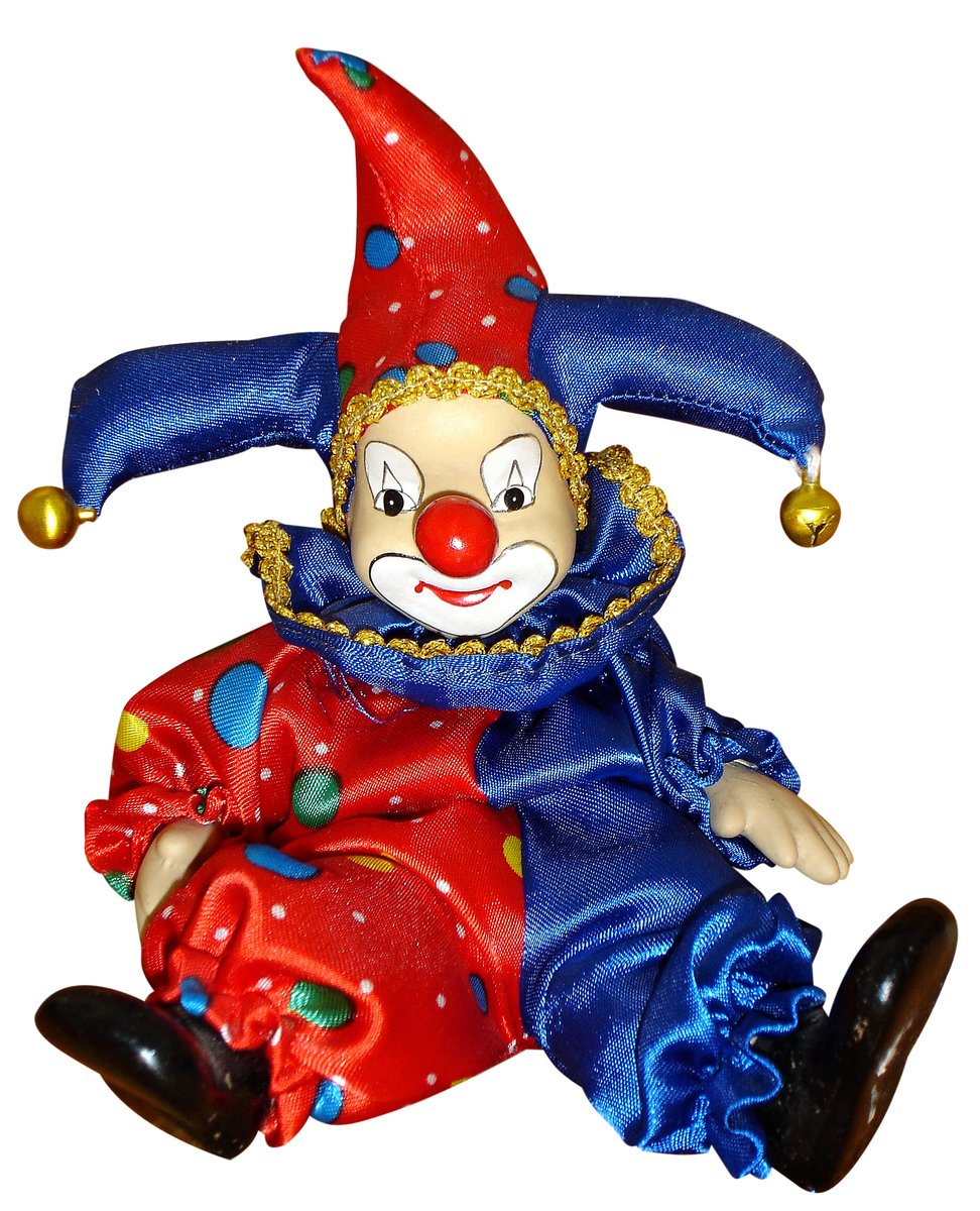 a clown is sitting on its belly in blue and red