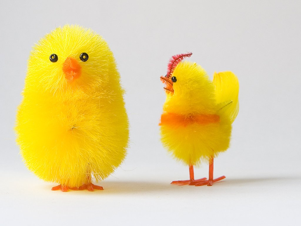 a couple of fuzzy yellow chickens sitting on top of each other